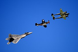 F-22 Raptor, P-51 Mustand and P-38 Lightning at the Reno Air Races, September 14, 2008.jpg