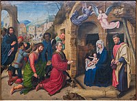 L’adoration des mages . Vers 1500-1505. huile sur panneau de bois medium QS:P186,Q296955;P186,Q106857709,P518,Q861259 . 123 × 166 cm. Munich, Alte Pinakothek.