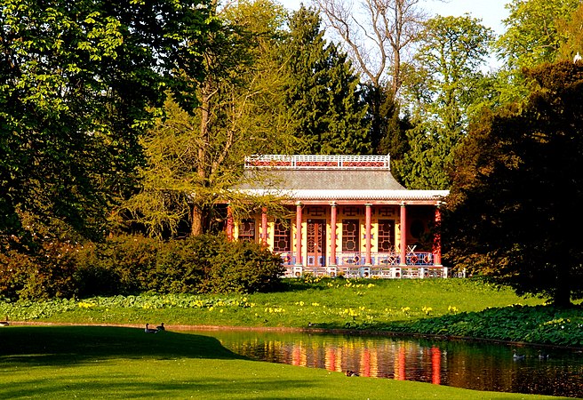 9: The Chinese tea-house from 1799-1800 by Andreas Kirkerup in Frederiksberg Park in Copenhagen in Denmark, viewed from the South-West.