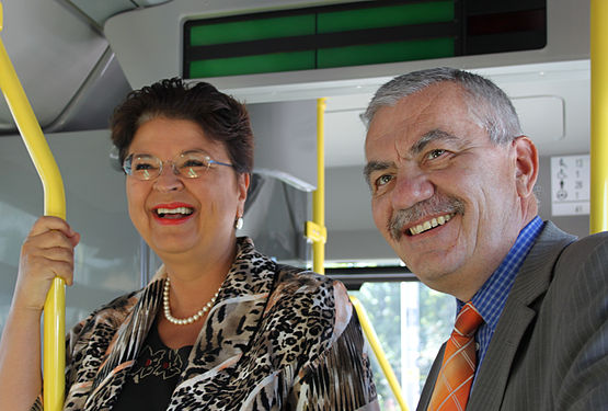 Renate Brauner, vice mayor of Vienna, and Günter Steinbauer, director of public transport, during a press conference presenting a new bus type in 2012