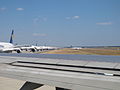 FRA Frankfurt Airport - Boing 747-8 and Airbus A380 waiting for take-off