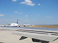 FRA Frankfurt Airport - Boing 747-8 and Airbus A380 waiting for take-off