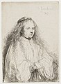 The Little Jewish Bride label QS:Len,"The Little Jewish Bride" label QS:Lnl,"De kleine Joodse bruid" . 1638. etching print and drypoint print. 11 × 7.8 cm (4.3 × 3 in). Various collections.