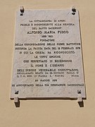 Lapide in pietra indicante il 113° anniversario dell’ordinazione sacerdotale di Sant’Alfonso Maria Fusco, posta su una parete interna del castello Doria, Angri (Sa).jpg