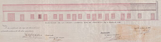 Plano de las obras de modificación del Cuartel de Infantería de San Fernando. Gerardo Morales 1884 Alzado y firmas.jpg