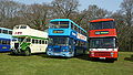 From left to right: Southern Vectis 602 (CDL 899), a Bristol K5G/ECW. Damory Coaches 710 (TIL 6710), a Leyland Olympian. Wilts & Dorset 4413 (BFX 666T), a Bristol VR/ECW.}}