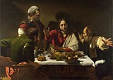 Caravaggio, The Supper at Emmaus label QS:Lit,"Cena in Emmaus" label QS:Lja,"エマオの巡礼" label QS:Lfr,"Le Souper à Emmaüs" label QS:Lpl,"Wieczerza w Emaus" label QS:Lla,"Cena in Emmao" label QS:Lru,"Ужин в Эммаусе" label QS:Lde,"Das Abendmahl in Emmaus" label QS:Len,"The Supper at Emmaus" label QS:Lro,"Cina din Emmaus" label QS:Les,"Los discípulos de Emaús" label QS:Lnl,"De maaltijd te Emmaus" , 1601