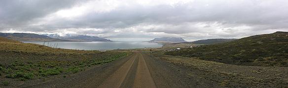 View from mountain pass Ferstikluháls in direction of w:Faxaflói and the mouth of the fjord