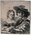 Self-portrait with Saskia label QS:Len,"Self-portrait with Saskia" label QS:Lnl,"Zelfportret met Saskia" . 1636. etching print. 10.4 × 9.4 cm (4 × 3.7 in). Various collections.