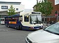 English: Arriva The Shires 3203 (R203 RBM), a Scania L113CRL/Northern Counties Paladin, leaving High Wycombe bus station into Bridge Street, High Wycombe, Buckinghamshire, on route 32. Unfortunately, the car in the forground drove through a red light, and the bus driver's hand can be seen about to use the horn. Blue Route service 32 is part of the High Wycombe Rainbow Routes network, supported by Buckinghamshire County Council. When I visited High Wycombe, only one bus has been painted into Blue Route livery, so other buses on route 32 were in normal livery. However, a handfull of buses are now painted blue and in operation on the route.