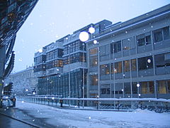 Snow falling on the campus of the University of Graz, Austria