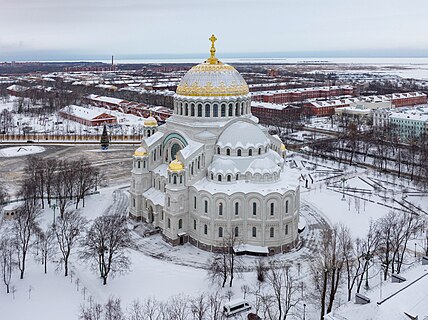 Naval cathedral in Kronstadt photographed from above at winter. Saint Petersburg, Russia.