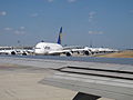 FRA Frankfurt Airport - Boing 747-8 and Airbus A380 waiting for take-off