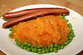 Mashed turnips with sausage and peas