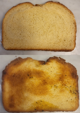 Oroweat Potato Bread before (top) and after (bottom) being toasted by an airfryer