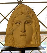 Female mask, architectural decoration, 1 of 4, Athribis, Tell Atrib at Benha, Egypt, 100-150 AD, marble - Hessisches Landesmuseum Darmstadt - Darmstadt, Germany - DSC09999.jpg