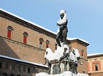 Fountain of Neptune in Bologna, plus snow