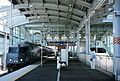 Train switching on the platform of Shin-Yatsushiro Station