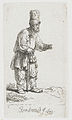 A Peasant in a High Cap, Standing Leaning on a Stick label QS:Len,"A Peasant in a High Cap, Standing Leaning on a Stick" label QS:Lnl,"Staande boer met hoog hoofddeksel, leunend op een stok" . 1639. etching print. 8.1 × 4.5 cm (3.1 × 1.7 in). Various collections.