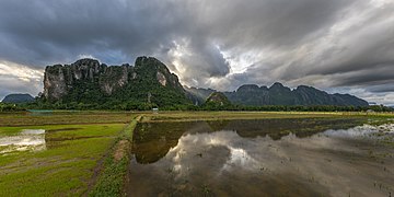 Panoramic of water reflection of the mountains of Vang Vieng with cloudy sky in paddy fields.jpg