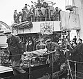 A wounded Canadian soldier being disembarked from the Polish destroyer ORP Slazak at Portsmouth.