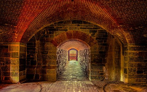 View looking down the Caponiere toward the entrance from where the canons are at Fort Washington Park, Fort Washington, Maryland, United States.