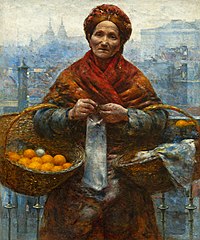 Jewish woman selling oranges label QS:Len,"Jewish woman selling oranges" label QS:Lpl,"Żydówka z pomarańczami" label QS:Lfr,"Femme juive aux oranges" . 1880-1881. oil on canvas medium QS:P186,Q296955;P186,Q12321255,P518,Q861259 . 66 × 55 cm. Warszawa, National Museum in Warsaw (MNW).