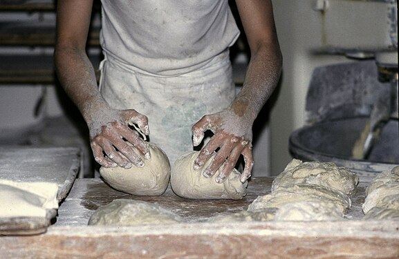 Bread being kneaded in a bakery in Aalen, Baden-Württemberg, Germany