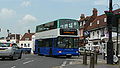 English: Southdown PSV 132 (T132 AUA), a DAF DB250/Plaxton President, turning from Market Square, Westerham, Kent, into London Road, on route 410. Since new Surrey County Council contracts started, route 410 has been curtailed at Oxted, replaced to Westerham by routes 594 and 595. This was after Southdown PSV won the contract for the routes from Metrobus, and as they already ran the 410, they were able to shuffle things around slightly.