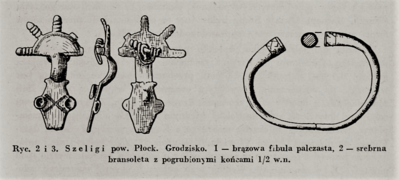 01962 Wallburg des baltischen Typus des 7.-8. Jahrhunderts in Szeligi, Bügelfibel aus der Völkerwanderungszeit, Silbernes Armband aus dem 6. Jahrhundert, Süddeutschland-Horizont.png