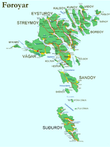 The Faroes with all cities, villages, streets, firths, straits and major mountains.