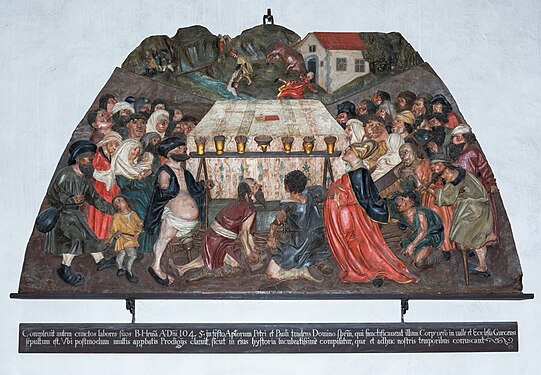 English: Wooden relief #5: Cripples and sick at the altar seeking help Deutsch: Holz-Relief 5: Hilfesuchende Krüppel und Kranke am Altar