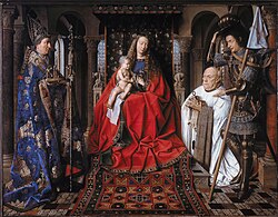 Madonna des Kanonikus Georg van der Paele mit Hl. Domizian, dem Hl. Georg und dem Stifter Paele label QS:Len,"Madonna des Kanonikus Georg van der Paele mit Hl. Domizian, dem Hl. Georg und dem Stifter Paele" 1436