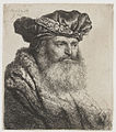 Bearded Man in a Velvet Cap with a Jewel Clasp label QS:Len,"Bearded Man in a Velvet Cap with a Jewel Clasp" label QS:Lnl,"Bebaarde man met een fluwelen baret waarop een juwelen gesp" . 1637. etching print. 9.5 × 8.3 cm (3.7 × 3.2 in). Various collections.