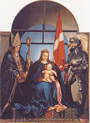 Madonna enthroned with child and two figures 1522