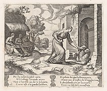 Plate 26- Psyche enters the underworld giving an offering to Cerberus, with two elderly women at left, from the Story of Cupid and Psyche as told by Apuleius MET DP862832.jpg