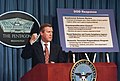 Cohen emphasizes a point during a Pentagon press briefing, November 1997.