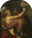 Circle of Titian. Faun and Nymph label QS:Lpl,"Faun i nimfa" label QS:Lnl,"Faun en nimf" 1540-1550. oil on canvas medium QS:P186,Q296955;P186,Q12321255,P518,Q861259 . 63 × 53.5 cm (24.8 × 21 in). Rotterdam, Museum Boijmans Van Beuningen.