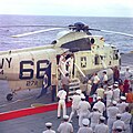 The crew of Apollo 8 leaves the recovery helicopter aboard the aircraft carrier Yorktown