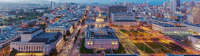 San Francisco City Hall as seen from 100 Van Ness at dusk (wide).jpg