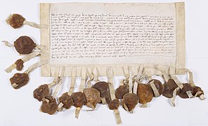 Les barons de France écrivent au pape Grégoire IX pour se plaindre du clergé du royaume qui refuse de répondre en matière temporelle devant la cour du roi. - Archives Nationales - AE-II-234.jpg