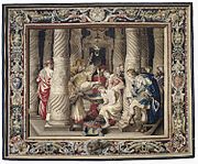 Workshop of Filippe Maëcht and Hans Taye. The Baptism of Constantine label QS:Len,"The Baptism of Constantine" label QS:Lpl,"Chrzest Konstantyna" label QS:Lnl,"De doop van Constantijn" . 1623-1625. wool, silk, gold and silver. 477.5 × 545.5 cm (15.6 × 17.8 ft). Philadelphia, Philadelphia Museum of Art.