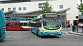 English: Arriva The Shires 3866 (KE05 FMO), a Volvo B7RLE/Wright Eclipse Urban, leaving High Wycombe bus station into Bridge Street, High Wycombe, Buckinghamshire, on Green Route 31, part of the High Wycombe Rainbow Routes network, supported by Buckinghamshire County Council.