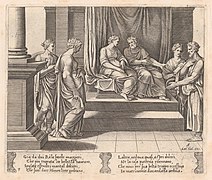 Plate 3- Psyche's two sisters are married to kings, with Psyche standing at left, accompanied by another king, from the Story of Cupid and Psyche as told by Apuleius MET DP862809.jpg