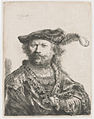 Self-portrait with plumed velvet beret label QS:Len,"Self-portrait with plumed velvet beret" label QS:Lnl,"Zelfportret met gepluimde fluwelen baret" . 1638. etching print and drypoint print. 13.4 × 10.3 cm (5.2 × 4 in). Various collections.