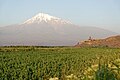 A distant view of Khor Virap monastery with Mount Ararat