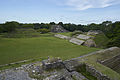 View from the top of Structure A1 onto the southern edge of Plaza A and Plaza B (background) at Altun Ha archeological site, Belize