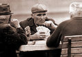 Three outdoor bridge-player, Szeged, Hungary March 1977