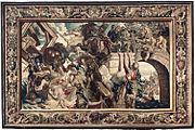 Workshop of Filippe Maëcht and Hans Taye. The Triumph of Constantine over Maxentius at the Battle of the Milvian Bridge label QS:Len,"The Triumph of Constantine over Maxentius at the Battle of the Milvian Bridge" label QS:Lpl,"Zwycięstwo Konstantyna nad Maksencjuszem w bitwie na Moście Mulwijskim" label QS:Lnl,"De overwinning van Constantijn op Maxentius tijdens de Slag bij de Milvische brug" . 1623-1625. wool, silk, gold and silver. 495 × 745 cm (16.2 × 24.4 ft). Philadelphia, Philadelphia Museum of Art.