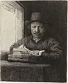 Rembrandt Drawing at a Window label QS:Len,"Rembrandt Drawing at a Window" label QS:Lnl,"Rembrandt, tekenend aan een venster" . 1648. drypoint print, etching print and engraving. 16 × 13 cm (6.2 × 5.1 in). Various collections.